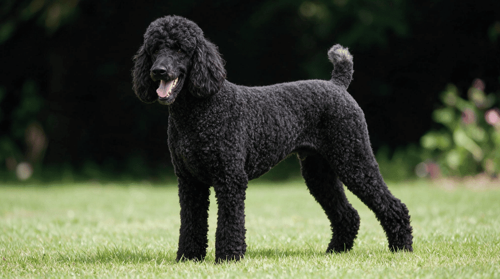 black standard poodle standing on grass with a dense curly coat and athletic build