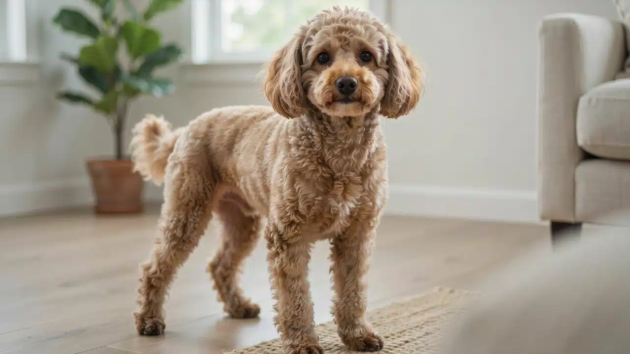 adult apricot toy poodle standing outdoors with a dense curly coat refined muzzle and compact square body