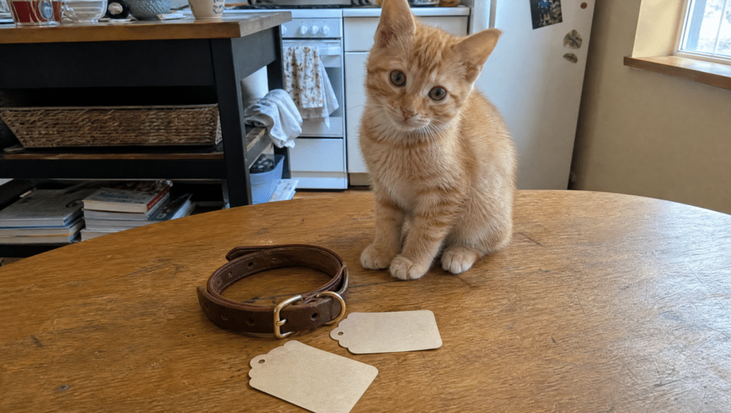orange kitten sitting beside collar and blank tags for choosing a popular boy cat name