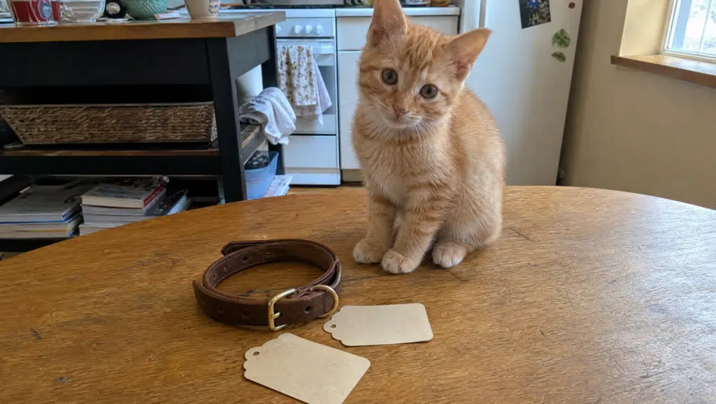 orange kitten sitting beside collar and blank tags for choosing a popular boy cat name