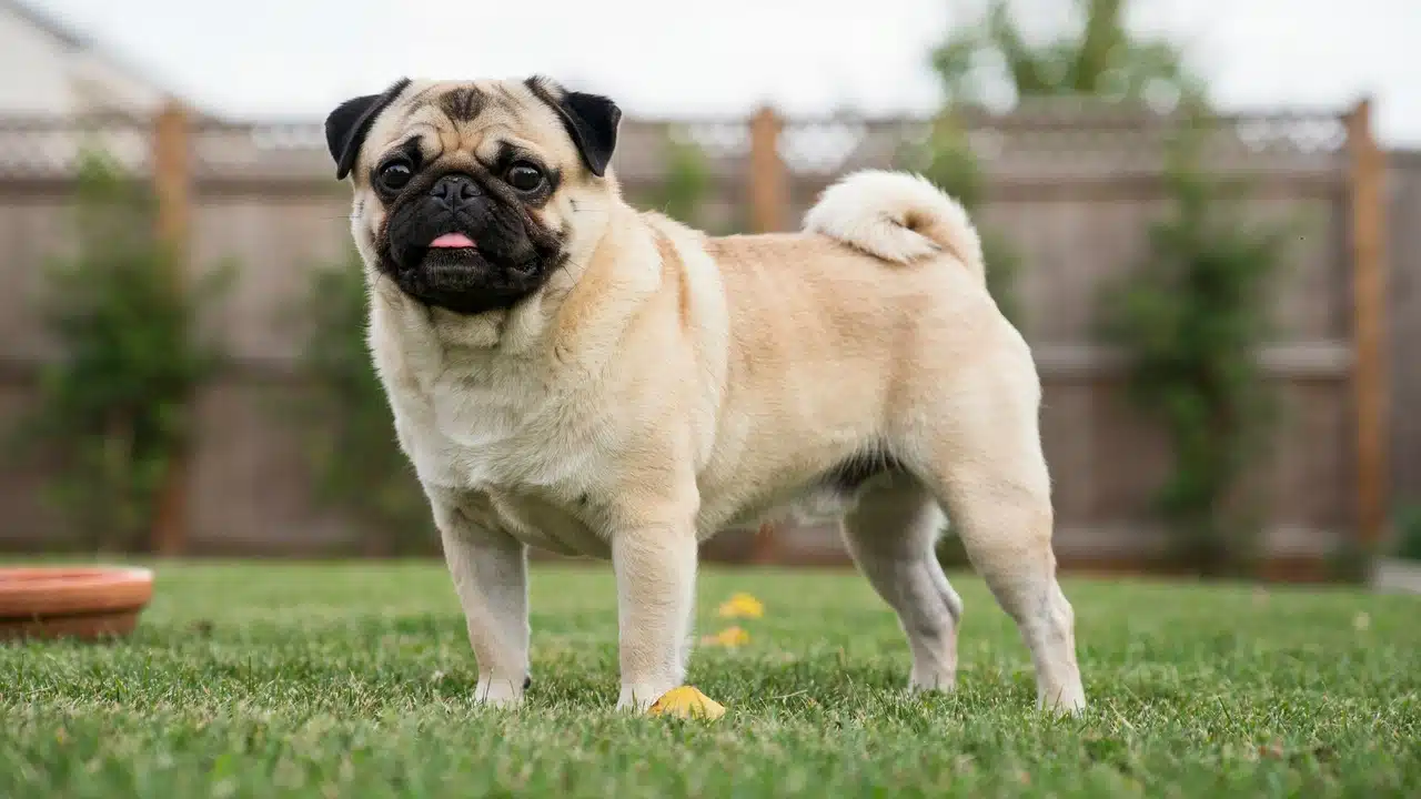 adult fawn pug standing outdoors with a compact body black face mask wrinkled head and tightly curled tail