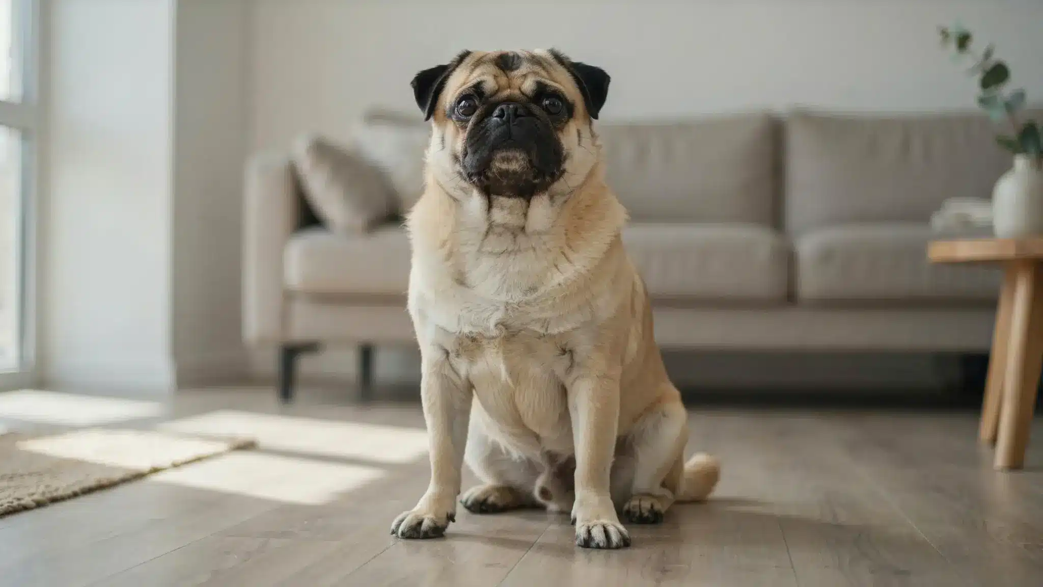 A fawn Pug sits attentively on a wood floor in a bright living room, sunlight streaming in beside a soft grey couch.