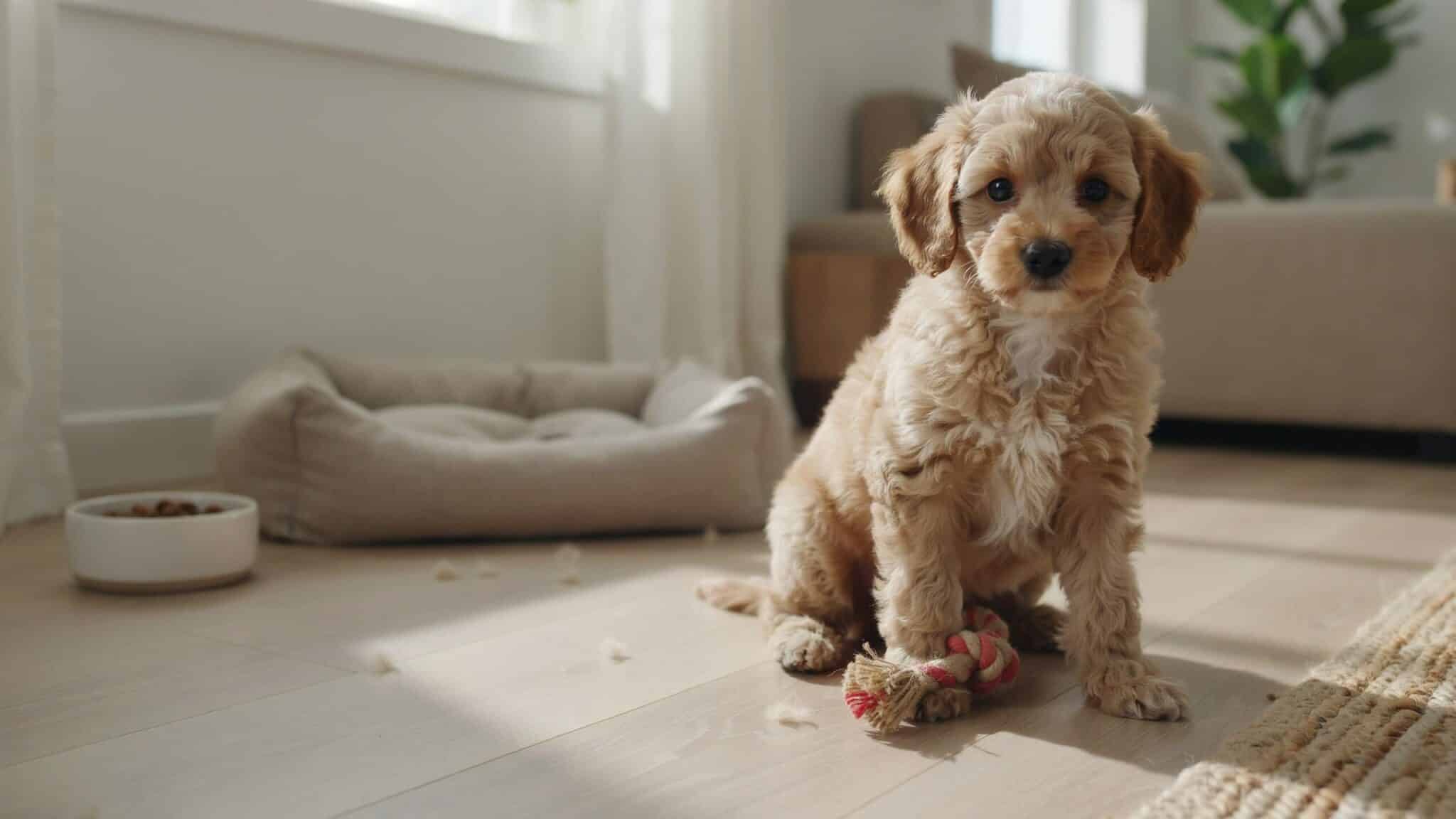 young toy poodle puppy playing indoors during its early life stage