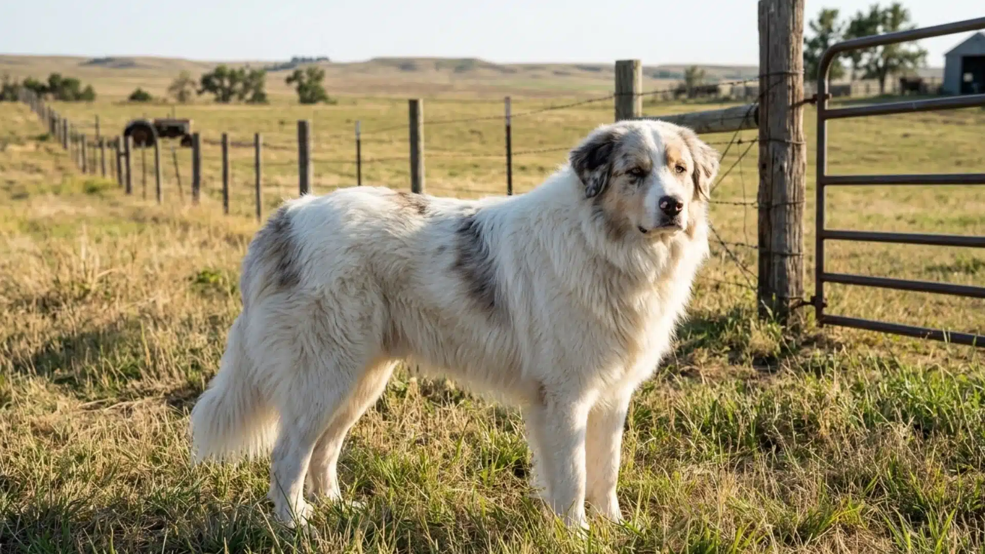 pyrenees aussie mix standing near a ranch fence with a thick white coat and open pasture
