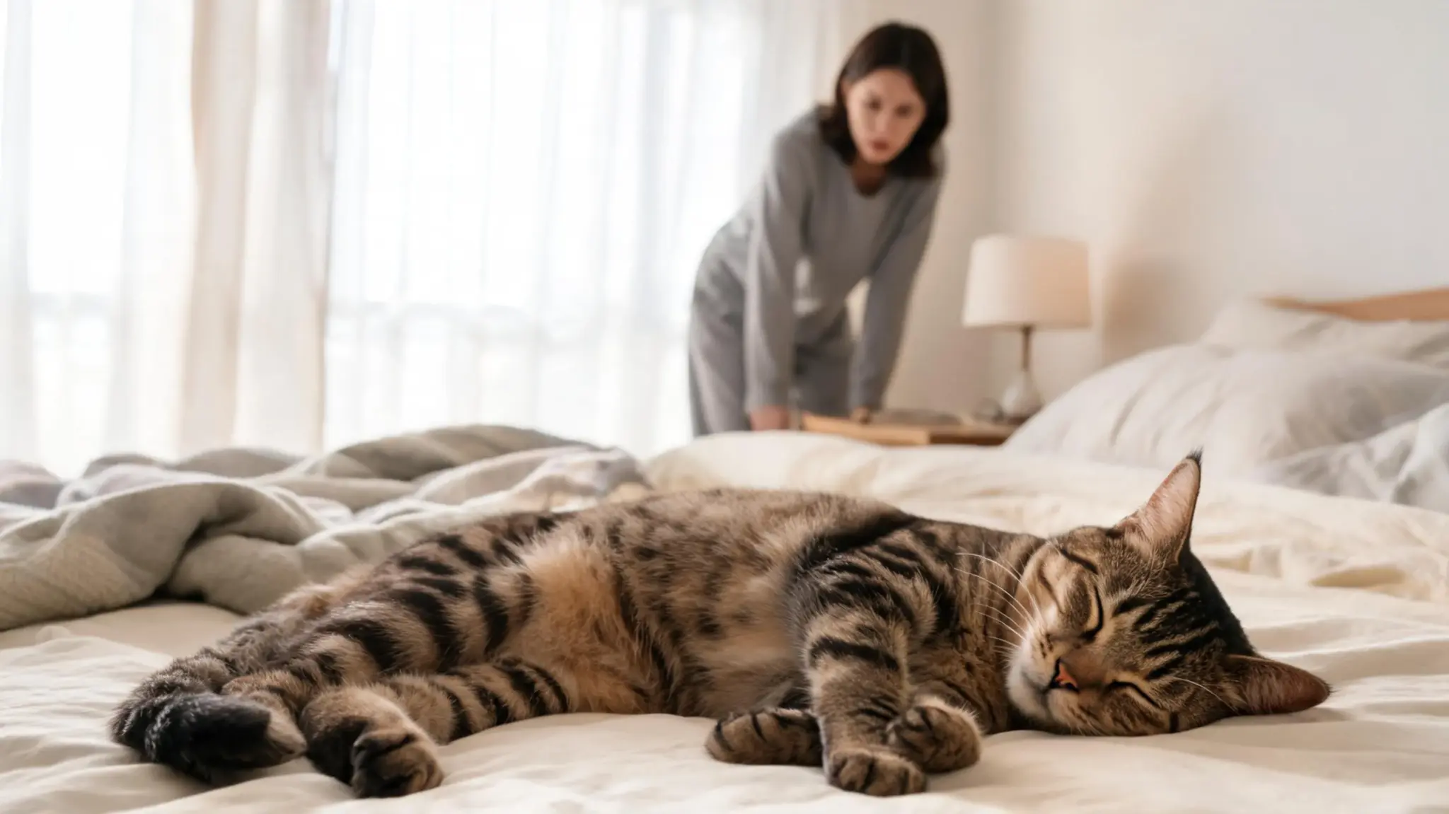 sleeping cat being observed for changes in resting breathing during possible asthma symptoms