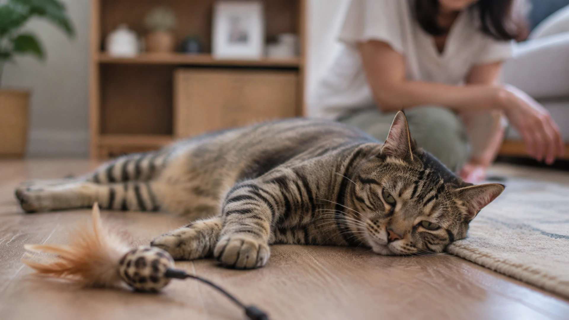 tired cat resting after play session with toy nearby showing reduced energy levels