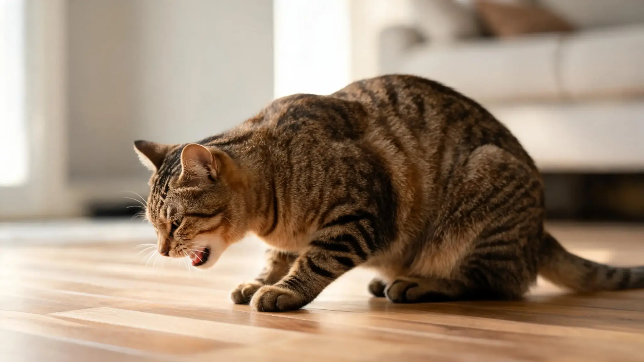 cat crouching low while coughing during a possible asthma episode on a home floor