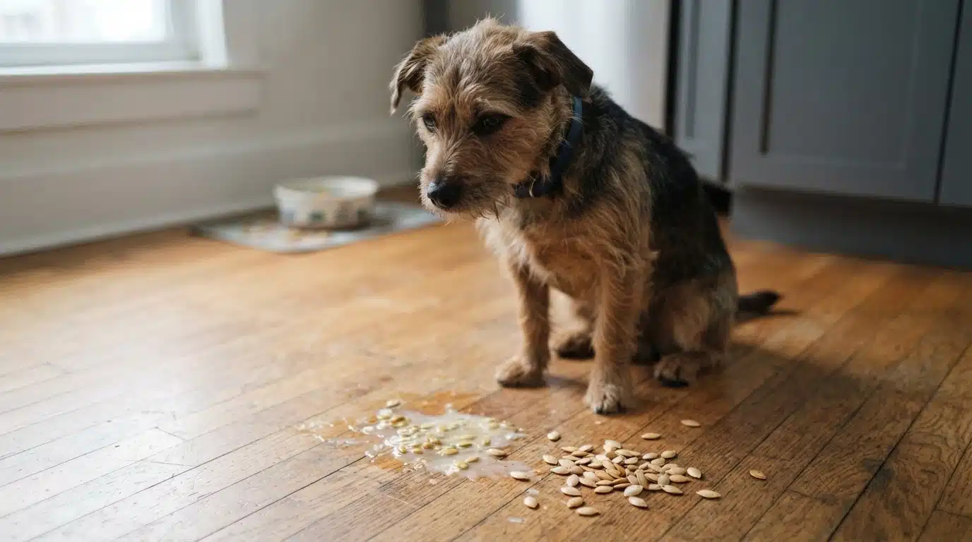 small brown dog sitting beside vomit and scattered pumpkin seeds on a wooden kitchen floor