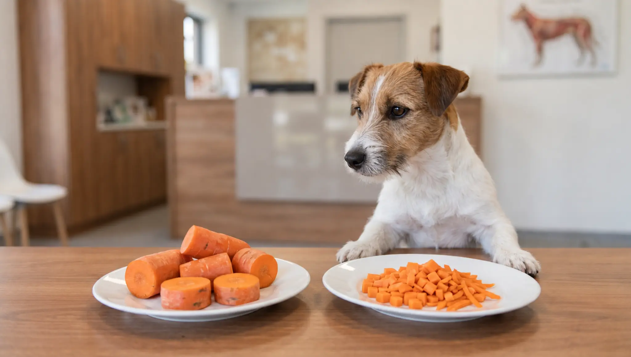 small dog beside large carrot chunks and safer bite sized pieces showing carrot risks for dogs