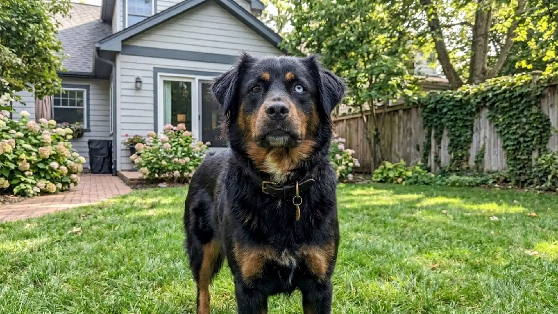 rottie aussie mix standing in a backyard with a black coat, tan markings, and blue eye