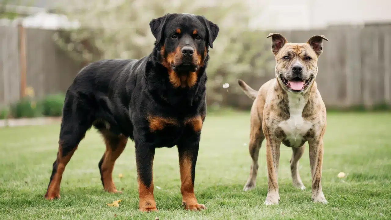 rottweiler and pit bull standing side by side on grass showing their contrasting builds and coat patterns