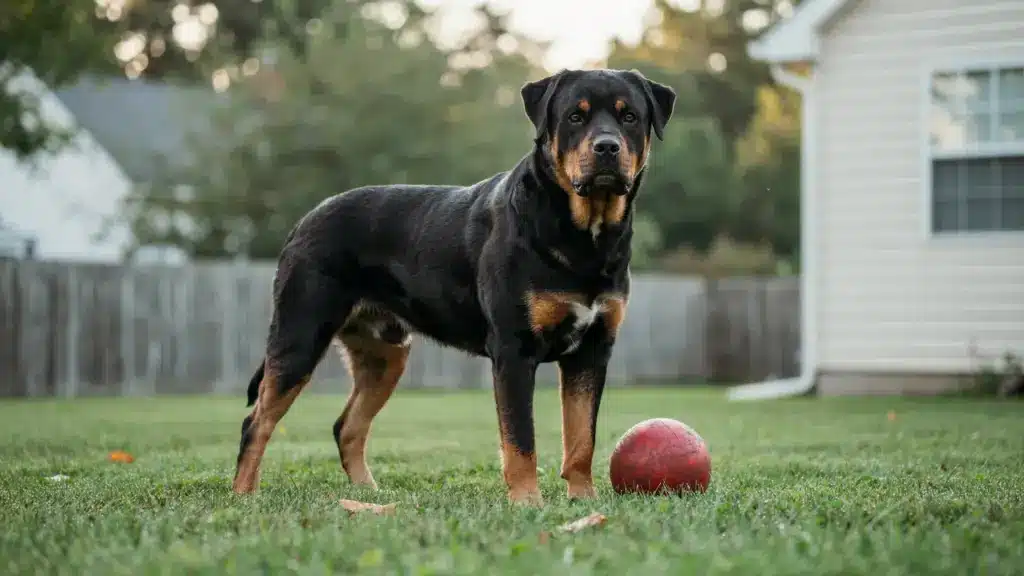 adult pitweiler standing on grass with a muscular athletic build black and tan coat and calm alert expression