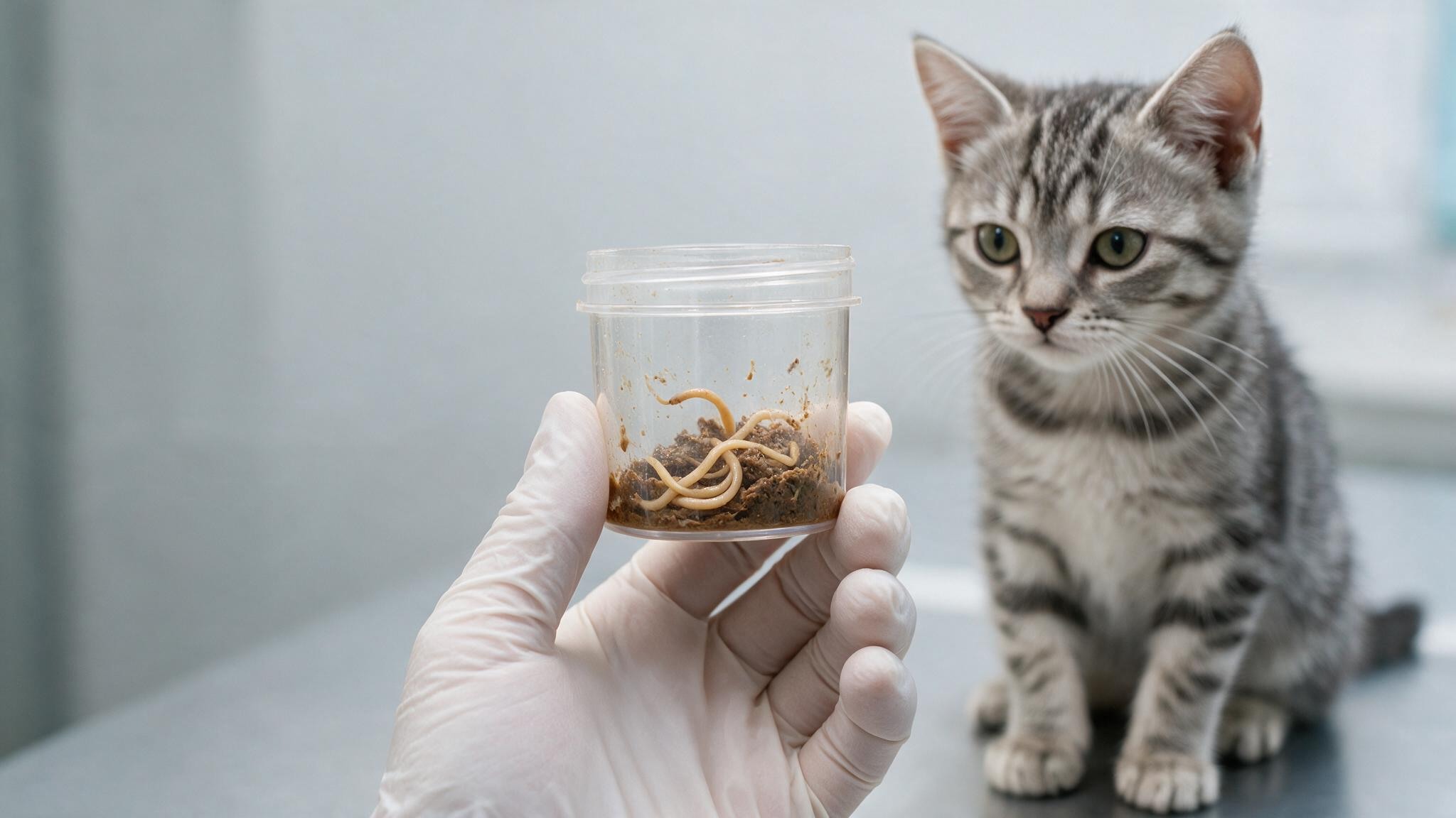 veterinarian holding sample container with roundworms beside kitten during parasite