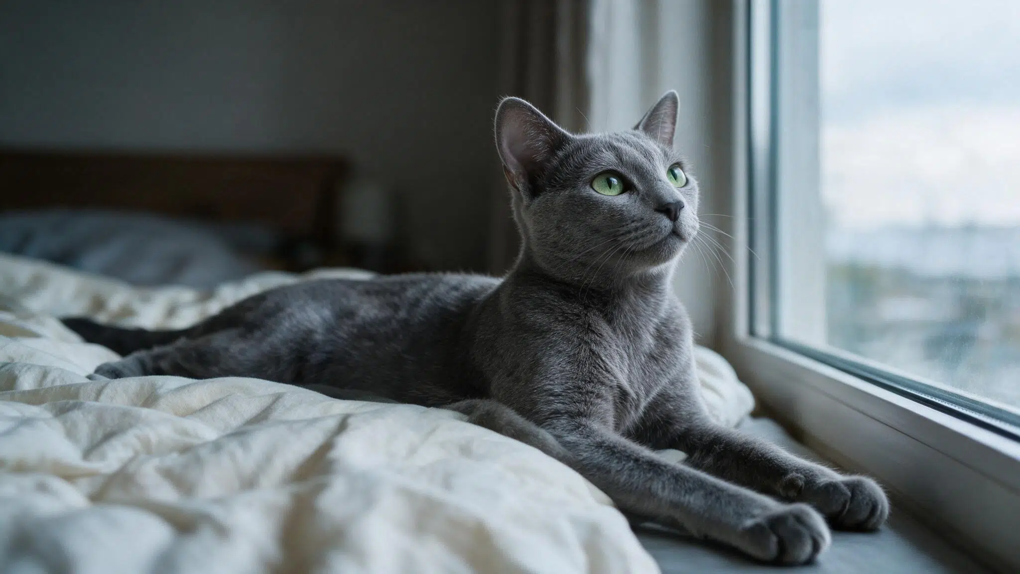 russian blue cat with green eyes and a silvery blue coat resting beside a softly lit bedroom window in a real home