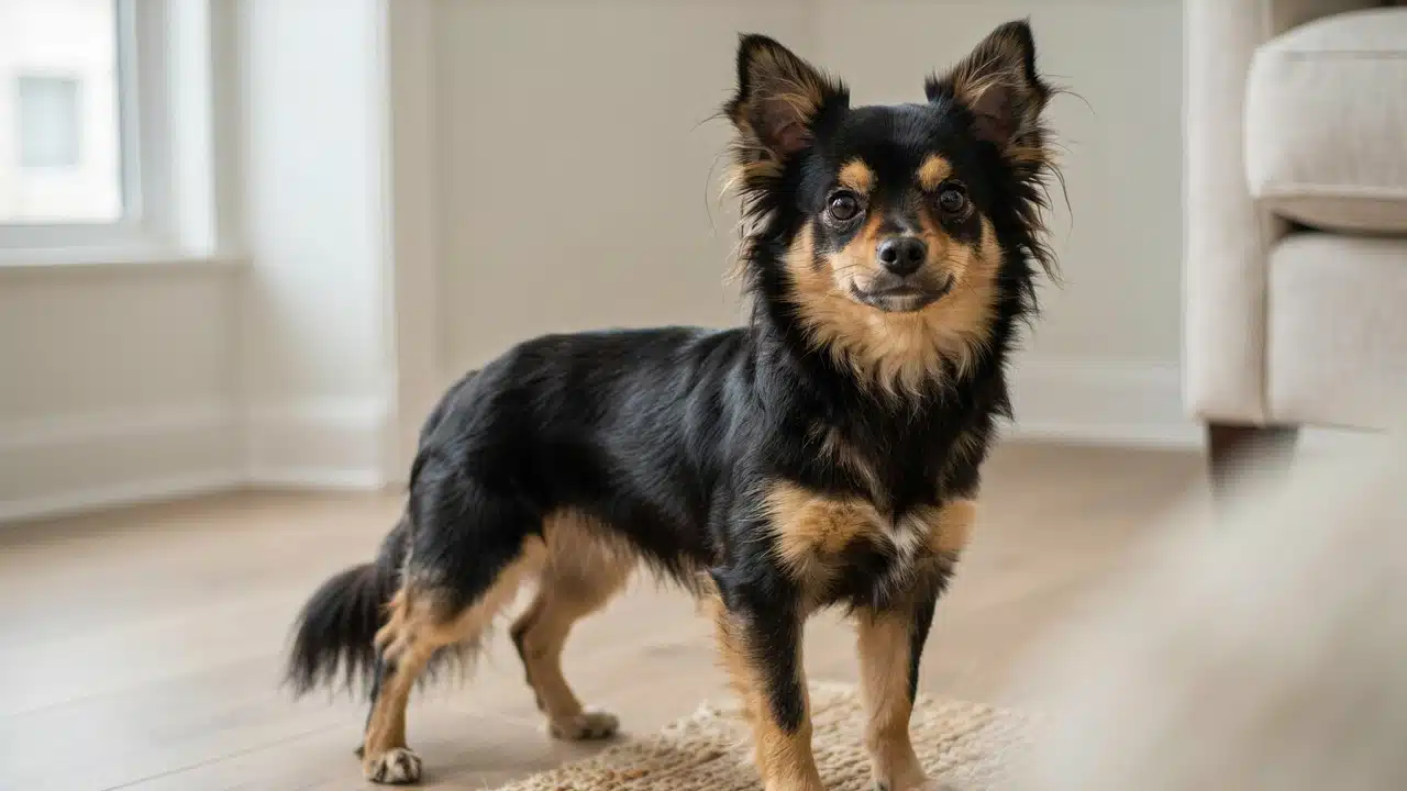 adult long coated russian toy outdoors with a fine boned body large feathered ears and black and tan coat