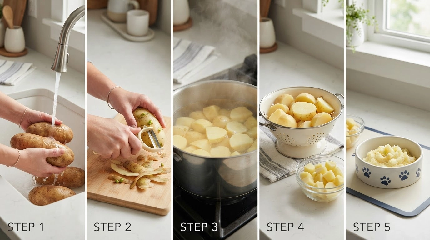 steps showing safe potato preparation for dogs with plain cooked potatoes and proper portions