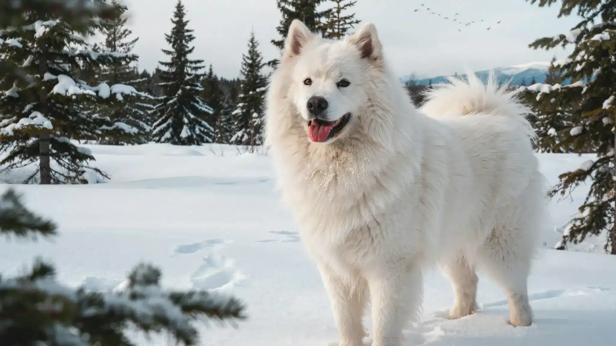 Fluffy white Samoyed with its famous smile standing in snow, surrounded by snow-covered pine trees