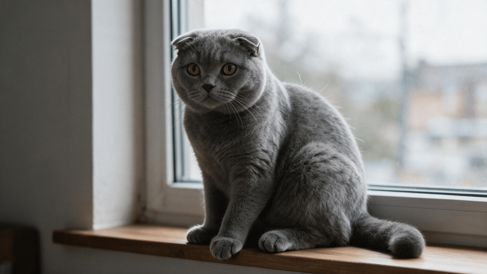 grey scottish fold cat with folded ears and round eyes sitting naturally on a wooden windowsill in soft household daylight