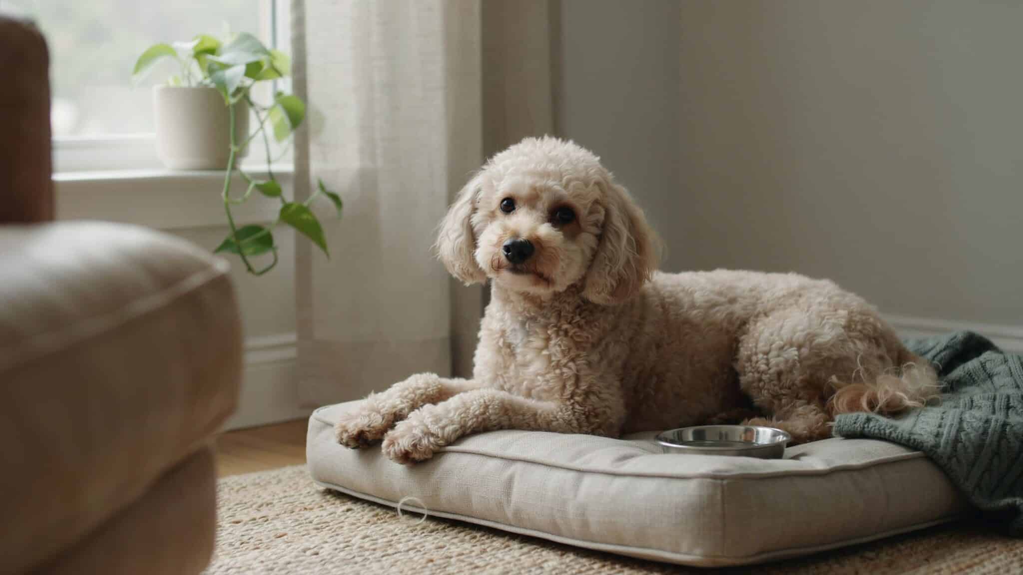 senior toy poodle resting comfortably at home with subtle signs of aging