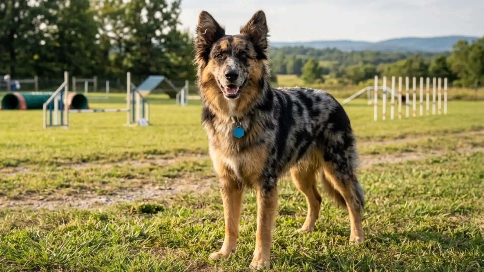 australian shepherd german shepherd mix standing outdoors in a grassy field with agility equipment in background