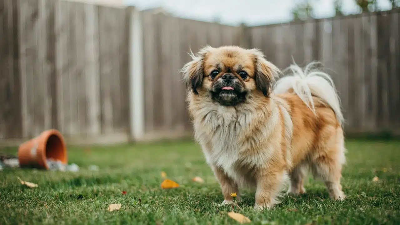 adult shih tzu standing outdoors with a long gold and white coat broad face and full plumed tail over its back