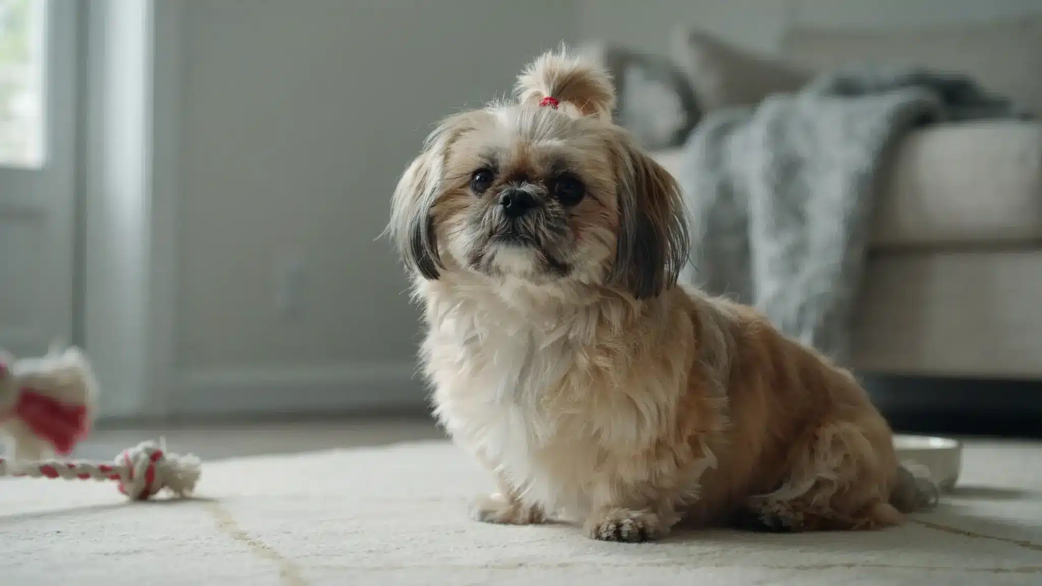 Shih Tzu with a flowing coat and topknot sitting indoors near a rope toy and food bowl
