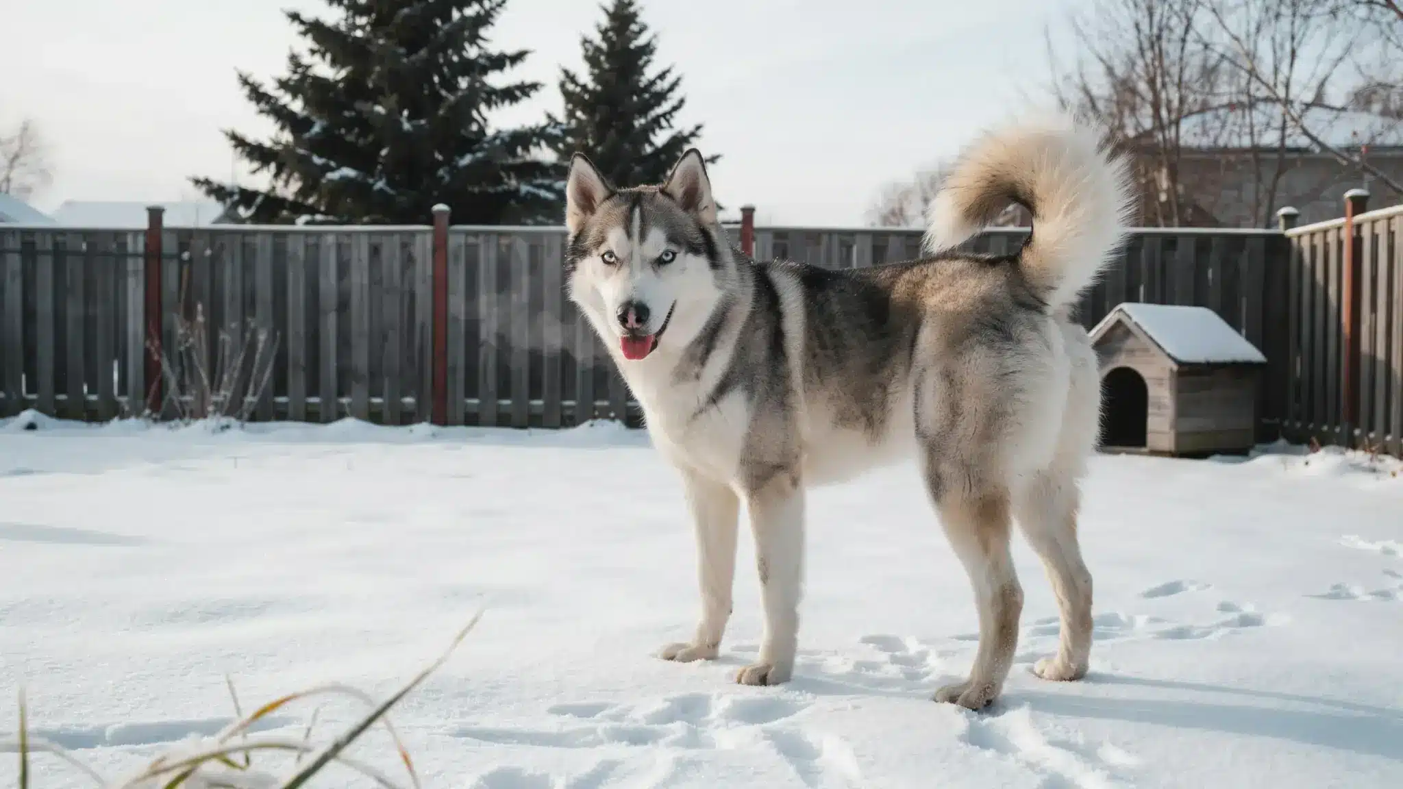 Blue-eyed Siberian Husky stands in a snowy backyard beside a doghouse, tail curled, fenced yard and pines behind it.
