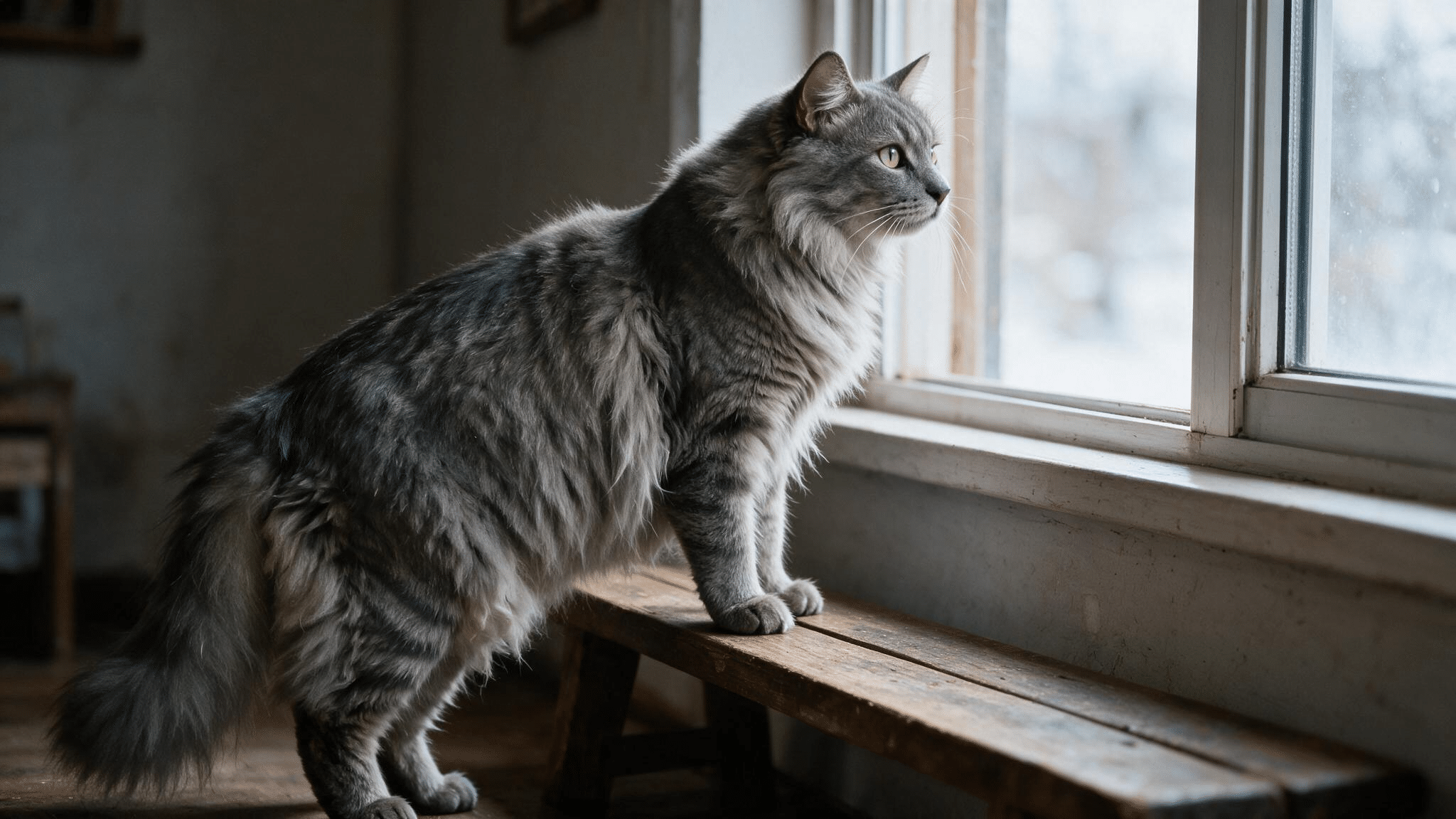 grey silver siberian cat with a thick triple coat and bushy tail standing near an open rustic home window in cool light