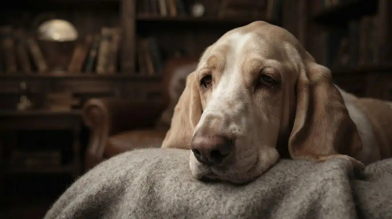 tired dog resting its head on a soft blanket indoors with a cozy living room background and calm expression