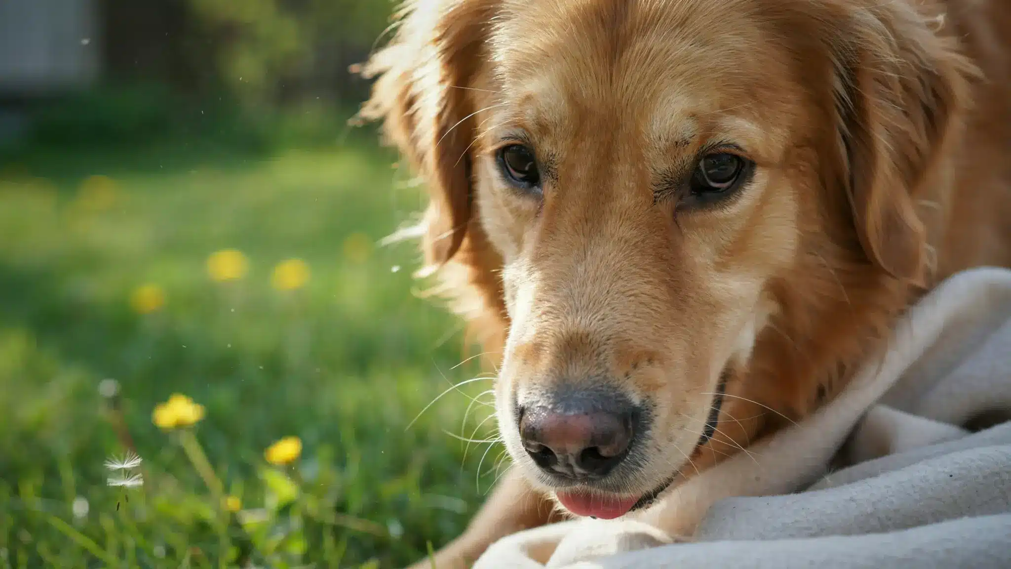 golden retriever resting outdoors on a blanket with soft sunlight and green garden background in close-up view