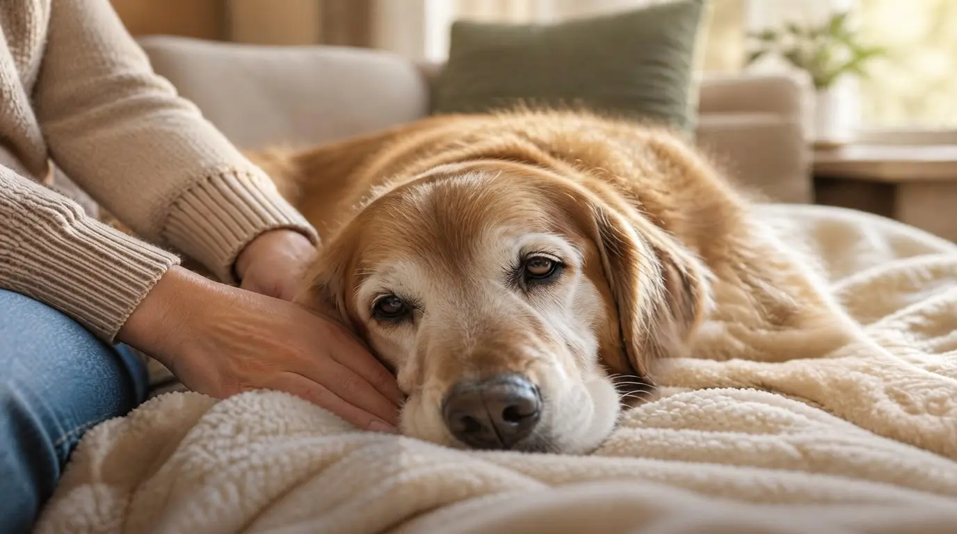 Older golden retriever resting head on a soft blanket while owner gently strokes its fur, looking tired and calm