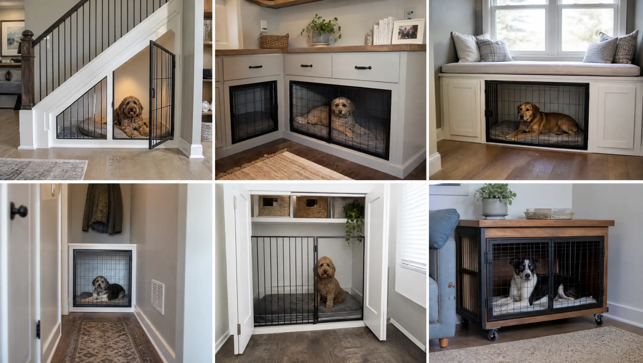 six compact dog kennels fitted beneath stairs counters windows and closets with a rolling furniture crate