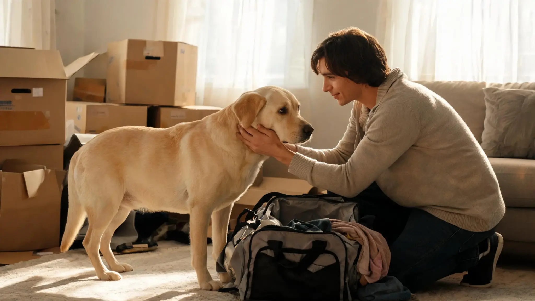dog owner comforting a labrador during a stressful home move with packed boxes nearby