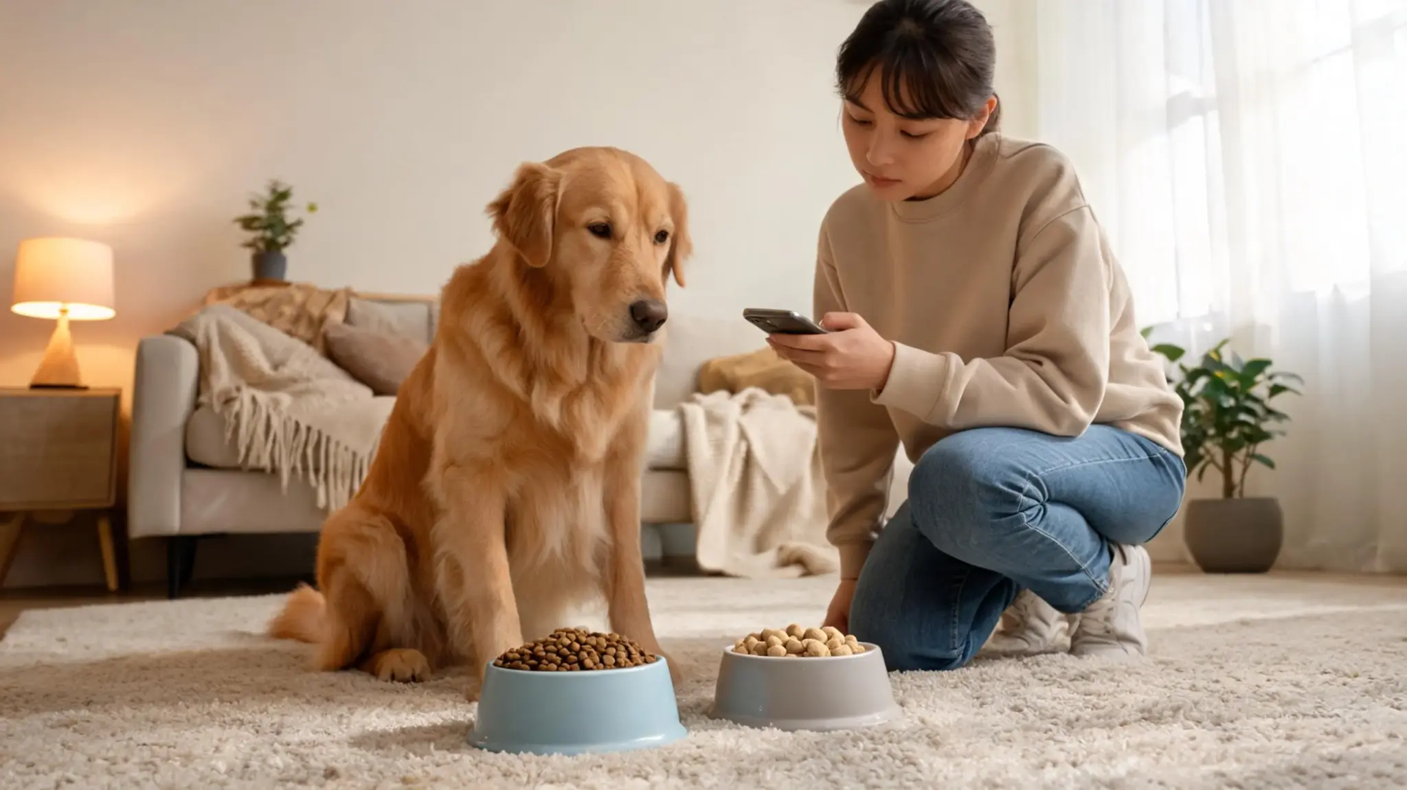 golden retriever sitting beside food bowls while owner checks diet changes at home