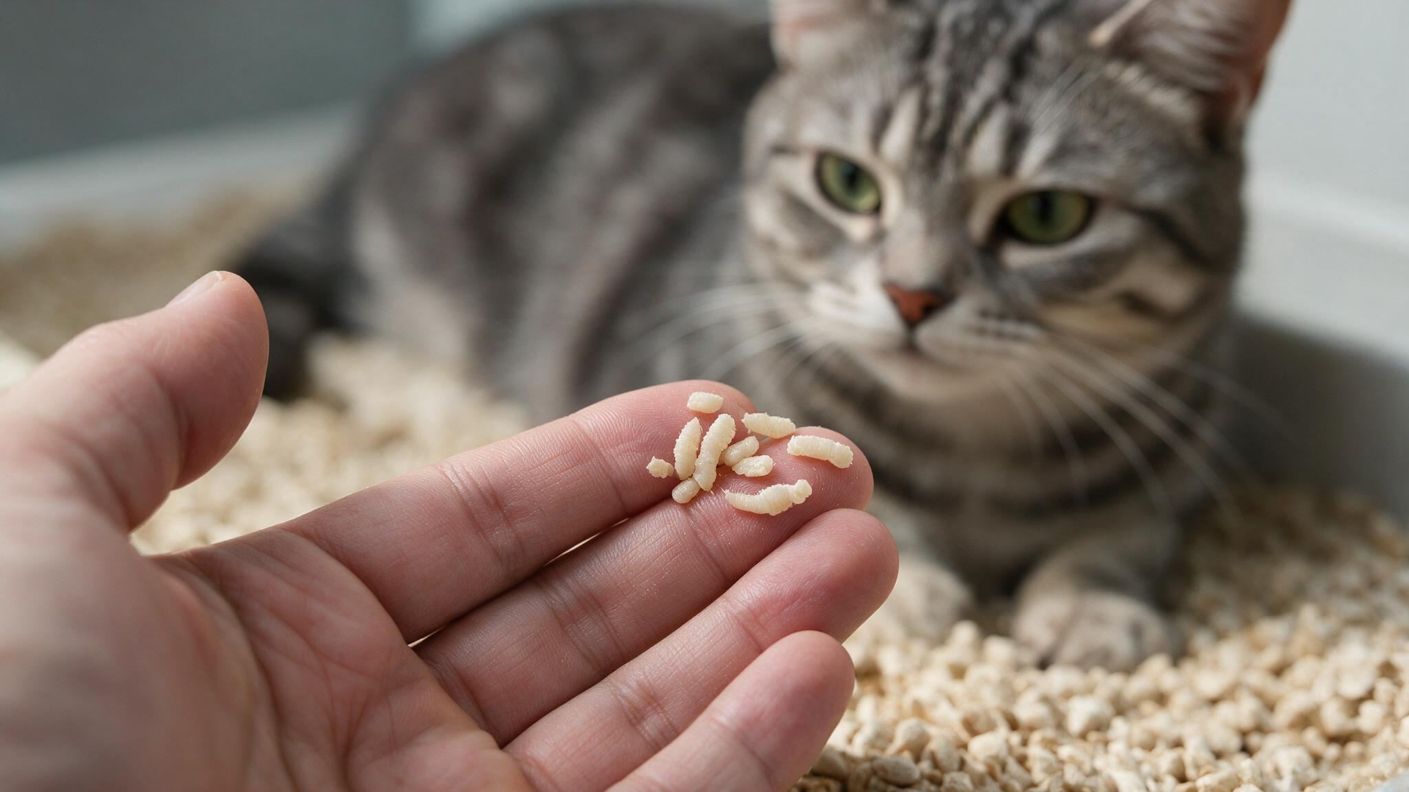 hand showing tapeworm segments near a cat with visible rice like parasite pieces for identification
