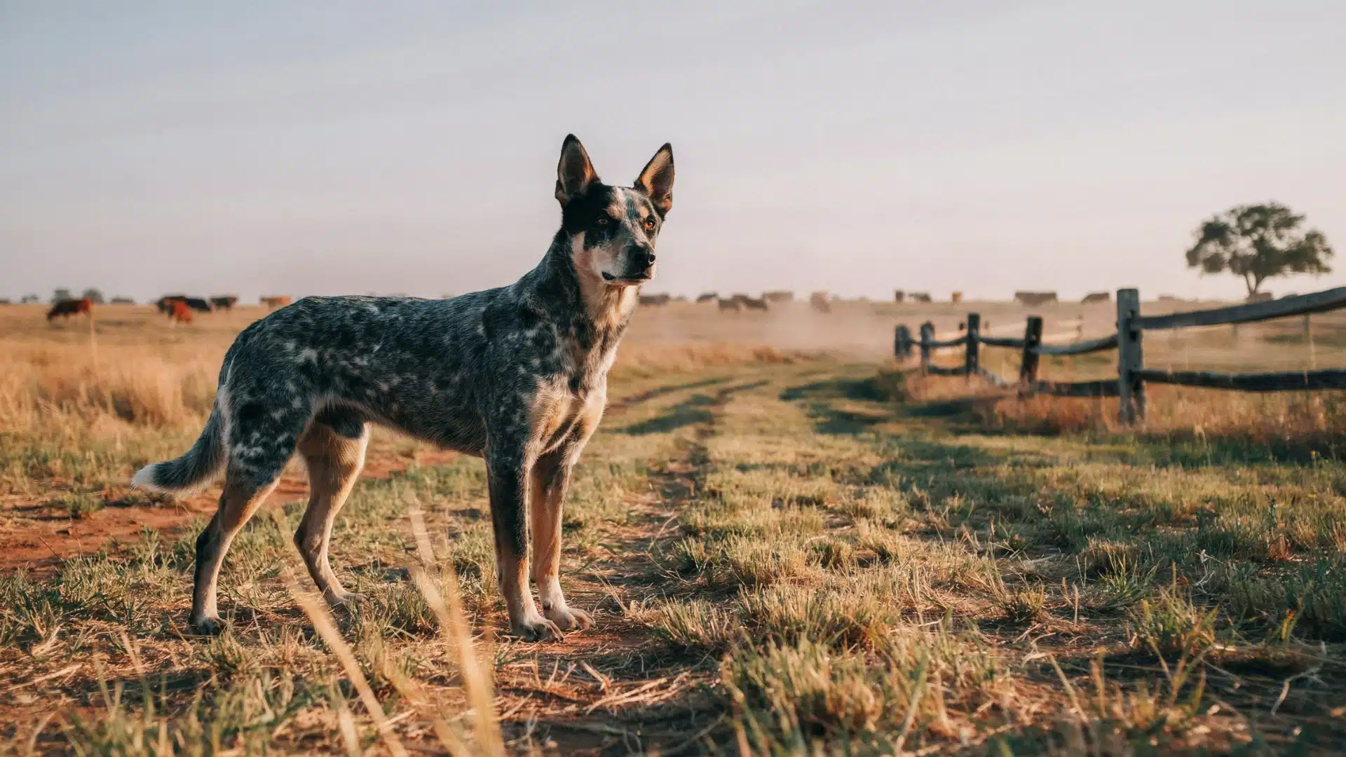 texas heeler standing in an open field with a blue heeler coat pattern and rural landscape background