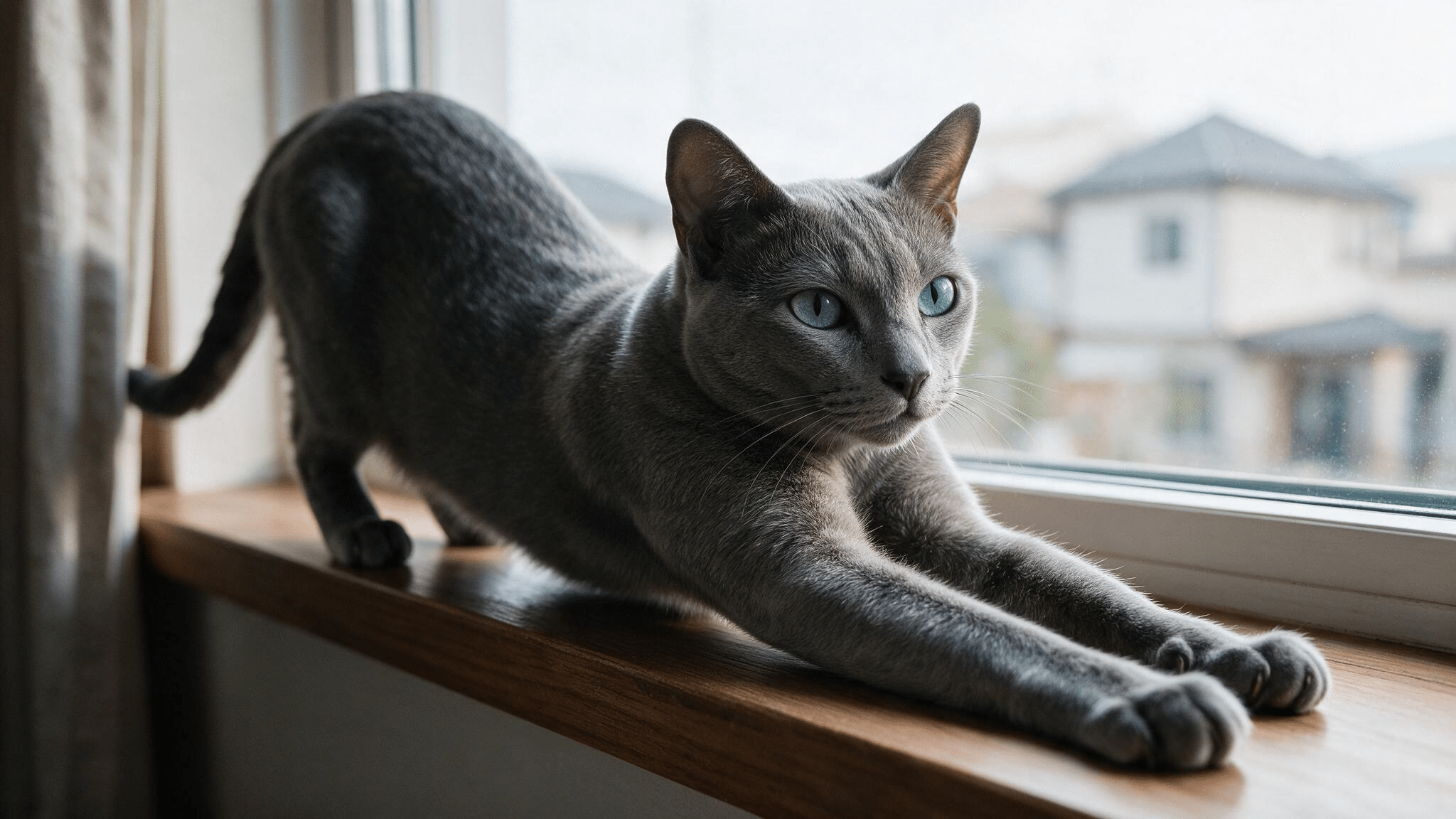 blue tonkinese with aqua eyes and a silky grey mink coat stretching along a wooden windowsill in soft morning light