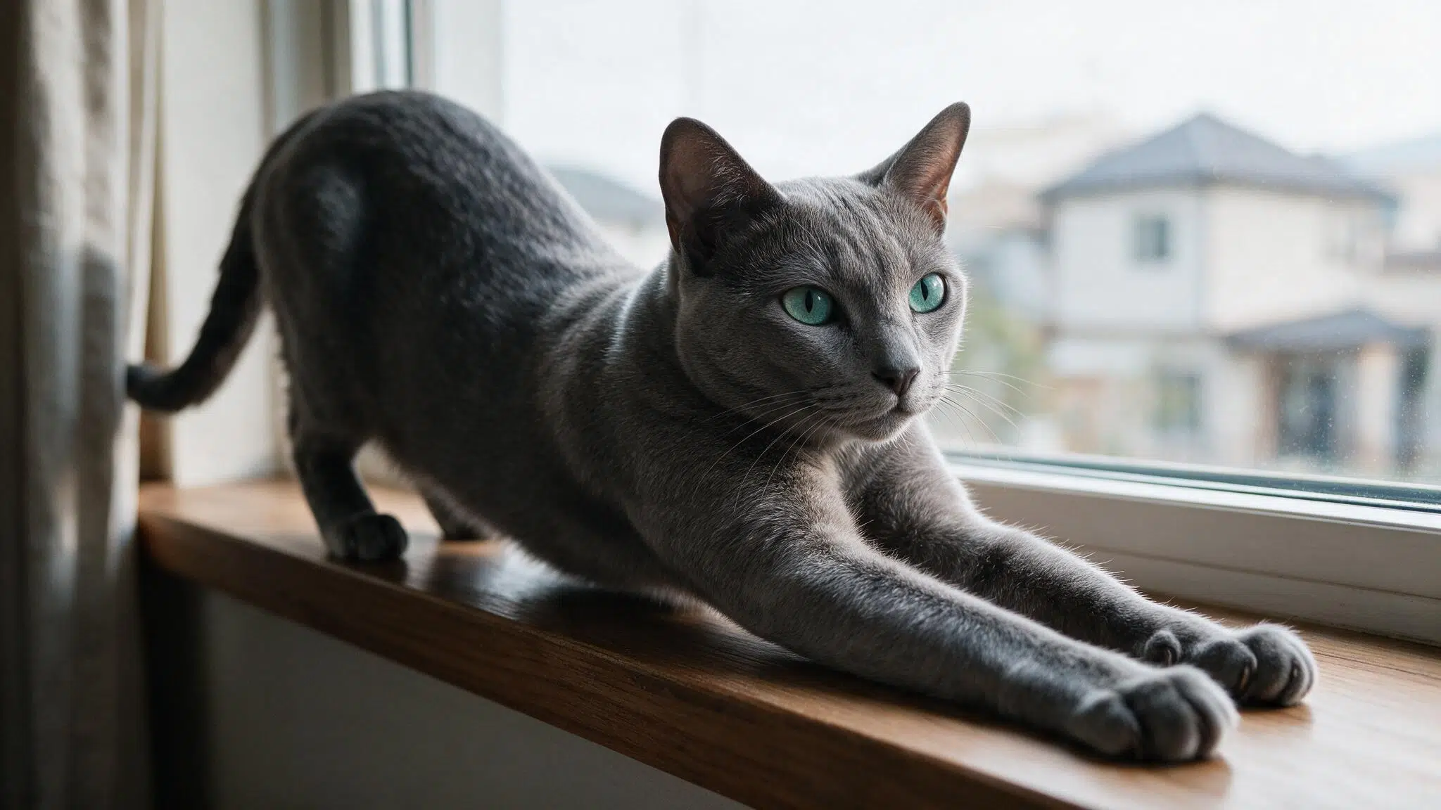 blue tonkinese with aqua eyes and a silky grey mink coat stretching along a wooden windowsill in soft morning light