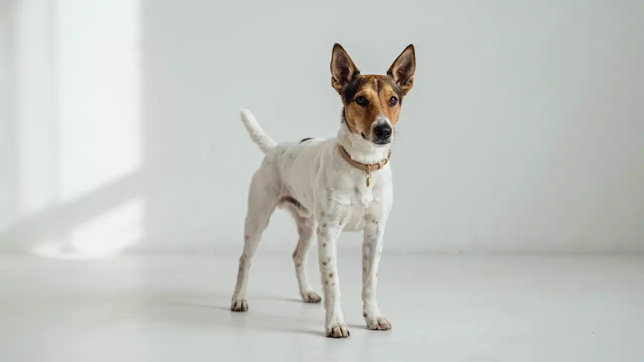adult toy fox terrier outdoors with a short white black and tan coat large upright ears and athletic small body