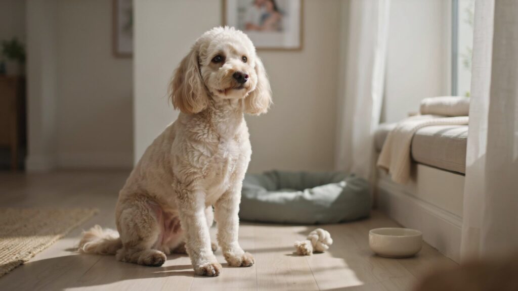 healthy toy poodle sitting comfortably at home in a warm natural setting