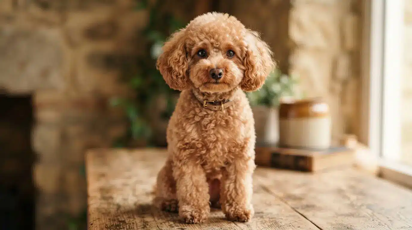 Toy Poodle with curly, dense apricot fur sitting on a rustic wood table near a stone fireplace