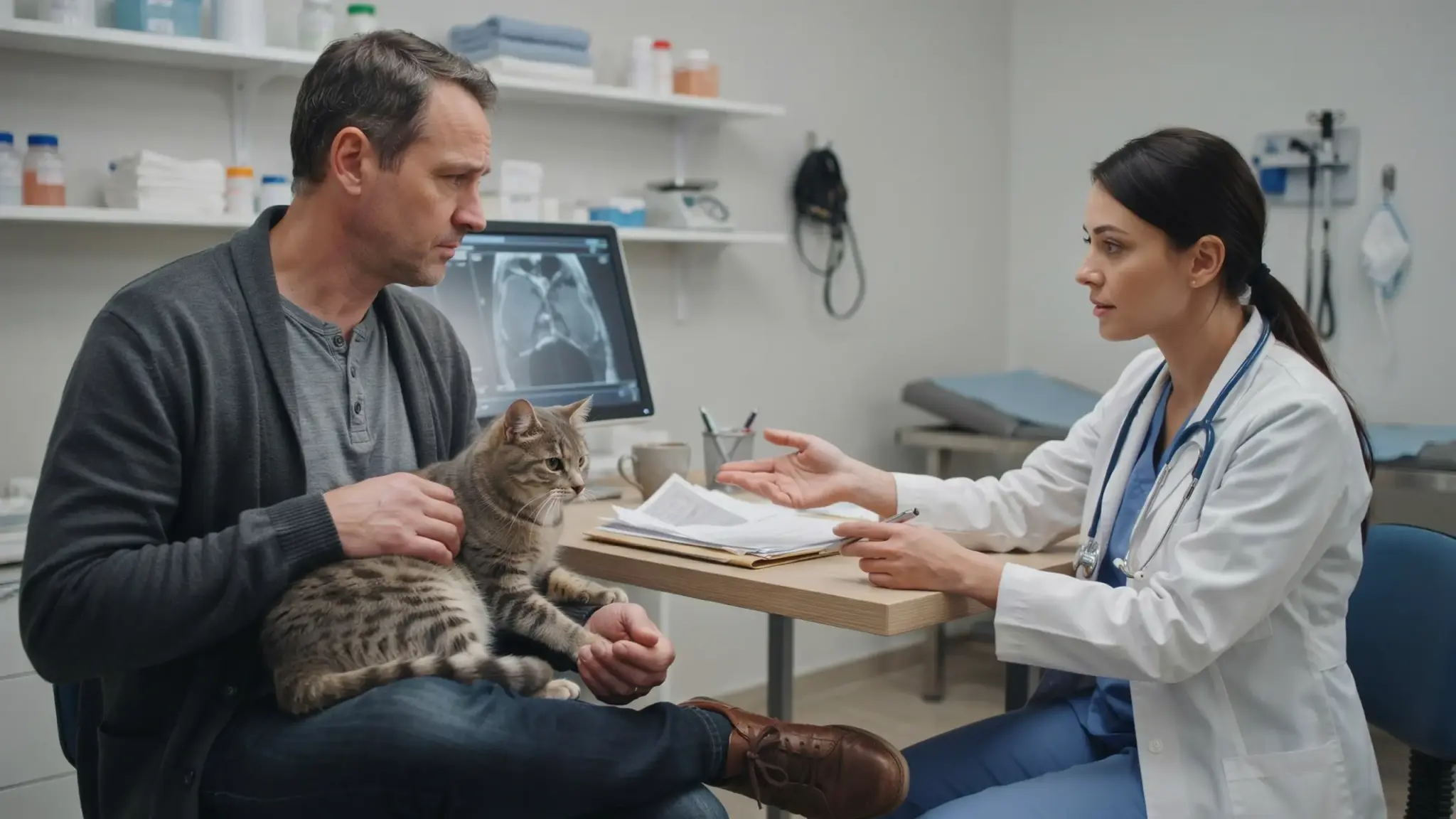 A veterinarian discusses treatment options with a cat owner holding his tabby cat beside an X-ray scan on the screen