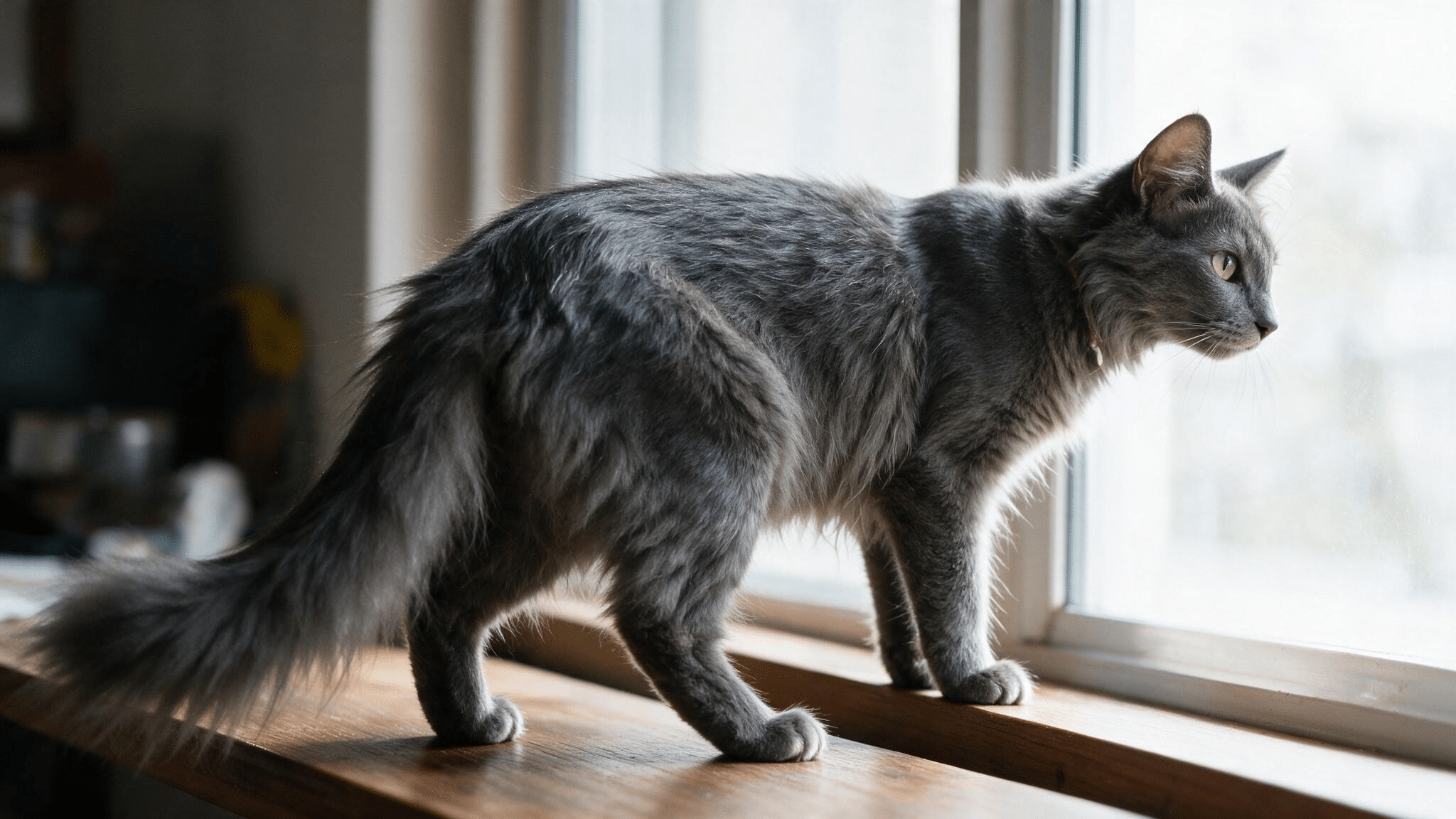 smoke grey turkish angora with a silky coat and plumed tail standing on a wooden windowsill in bright natural daylight