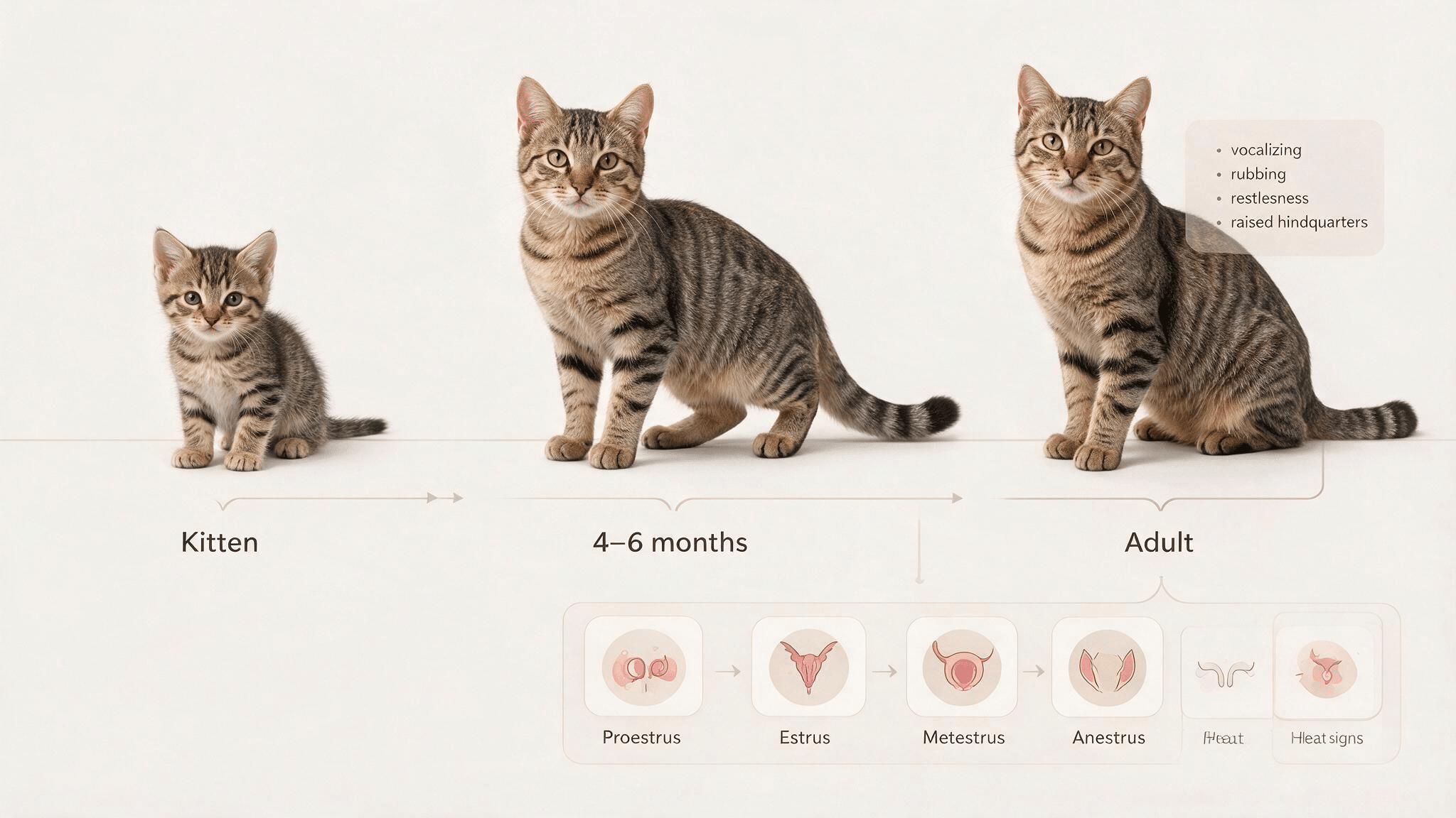 realistic infographic showing a female tabby cat from kitten to adulthood with sexual maturity and heat cycle stages