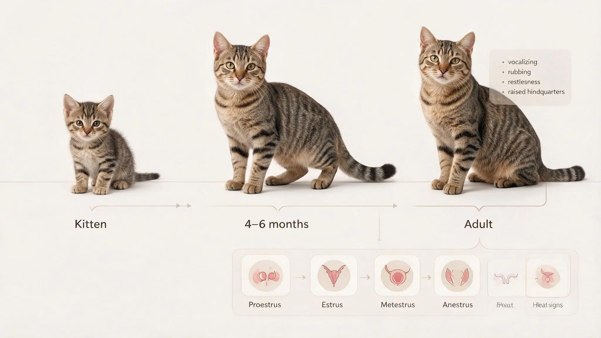 realistic infographic showing a female tabby cat from kitten to adulthood with sexual maturity and heat cycle stages