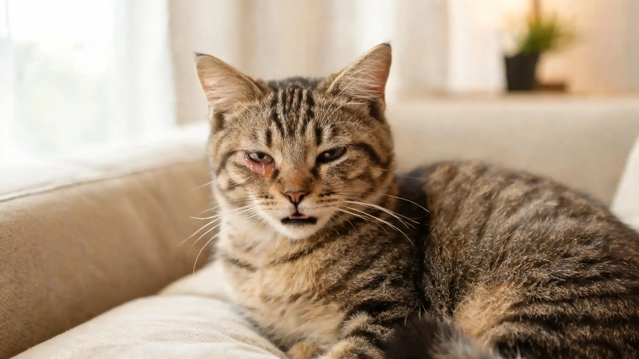 cat with swollen red eye and discharge showing signs of viral eye infection symptoms