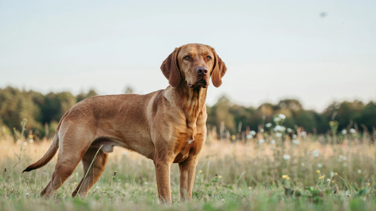 vizsla dog with a golden rust coat standing alert outdoors in soft natural light