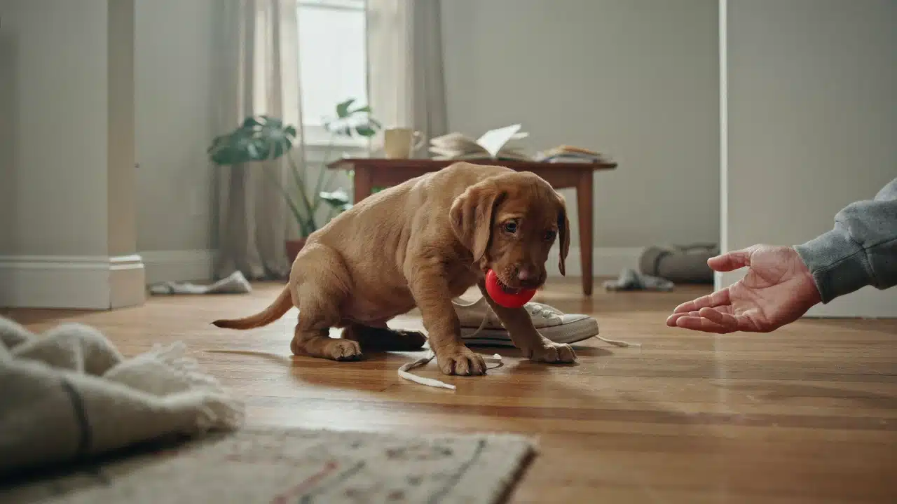 young vizsla puppy chewing a toy while its owner redirects it from a shoe indoors