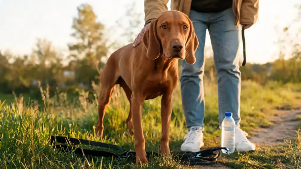 vizsla standing beside its owner on a grassy trail showing its athletic build and close companionship