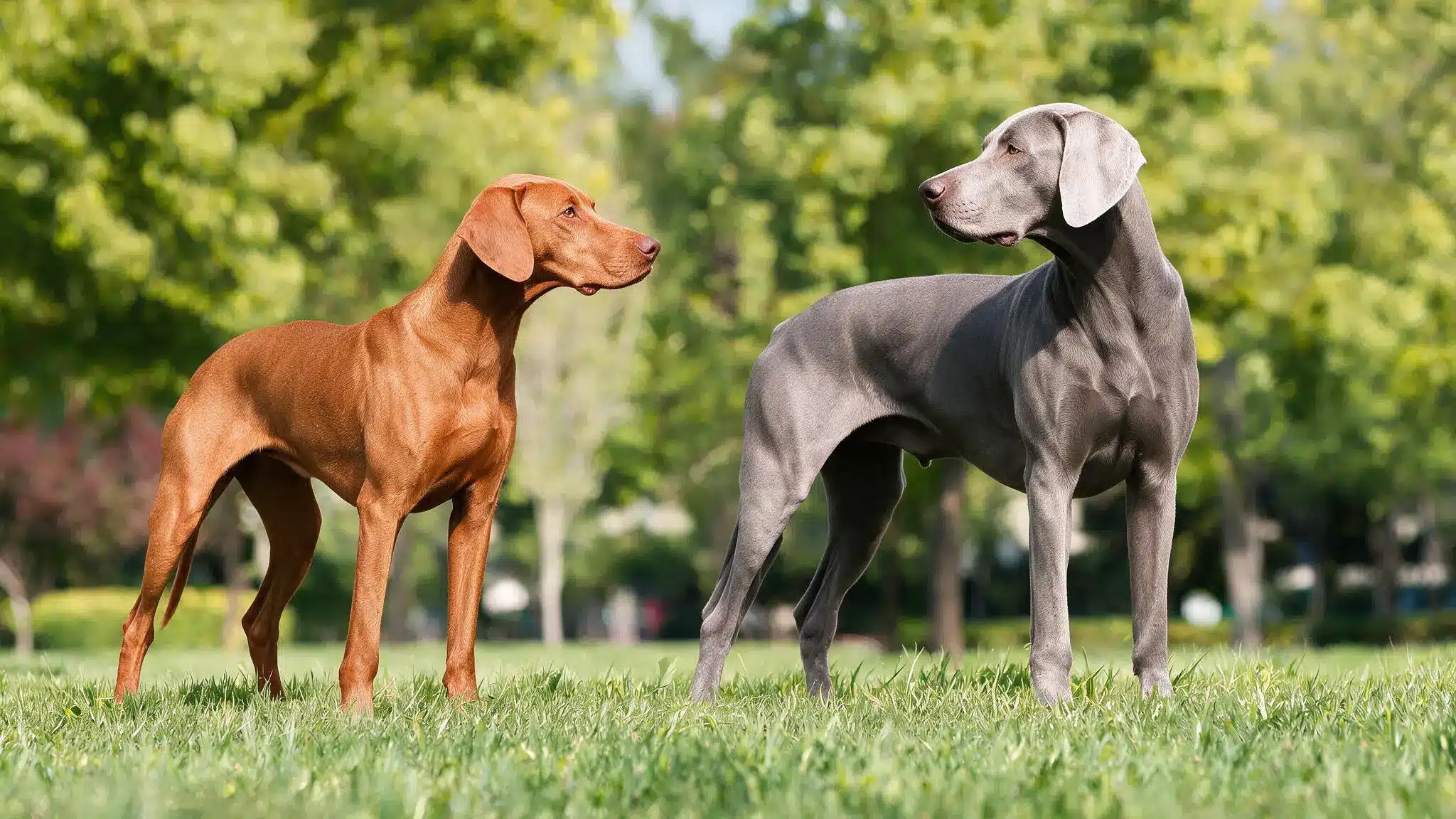 izsla and weimaraner standing side by side outdoors showing coat color and build differences
